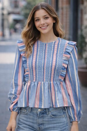 camisa fruncida rayas azul y rosa