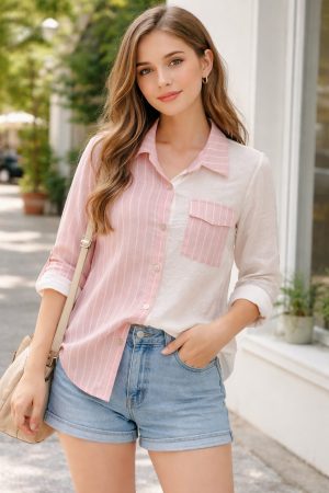 camisa lino con rayas rosas