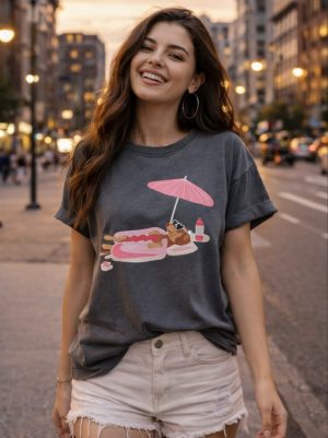 camiseta perro salchica y sombrilla