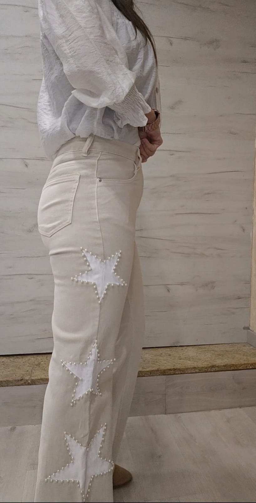 Vaquero beige estrella blanca perlas - Imagen 2