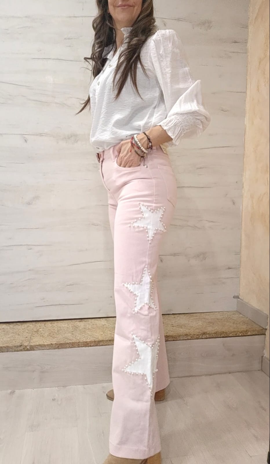 Vaquero rosa estrella blanca perlas